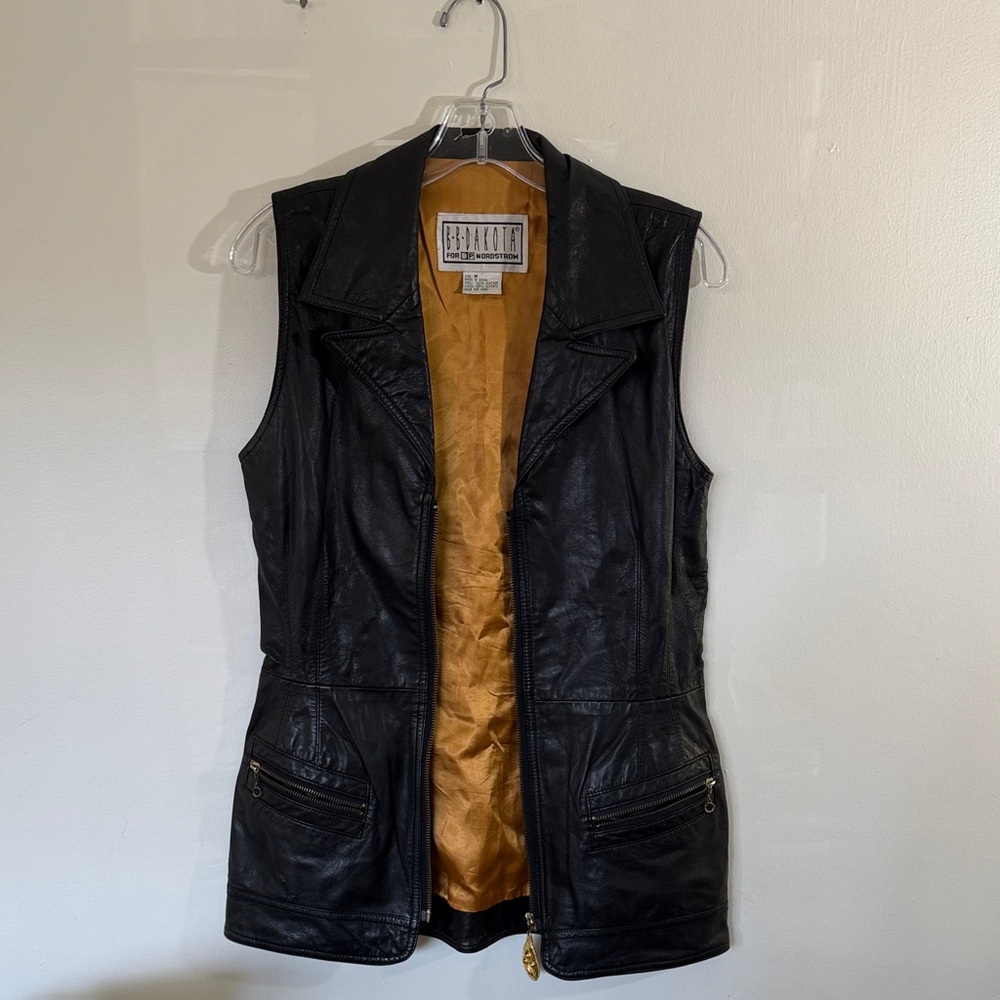 B B Dakota Black Leather Sleeveless Vest with Gold Lining